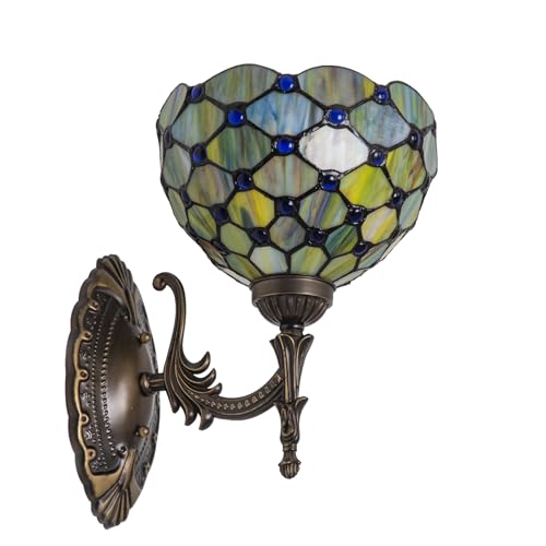 Image of Tiffany Wall Sconce Hand-Weld Stained Glass Bedside Lamp with Classic 8 Inches Lampshade for Bedroom Hallway Living Room Home Office (Gradient Green)