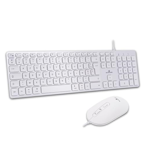 Bluestork - Ensemble Clavier Souris Mac Filaire Blanc - Clavier Apple AZERTY FR Silencieux & Souris 2400 DPI - Design Ultra-Slim - Touches Ciseaux - USB-A & USB-C - pour Tout Claviers Mac & Ipad