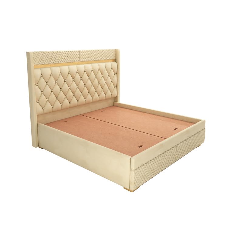Image of MAMTA DECORATION Solid Wood Queen Size Bed with Box Storage | Premium Velvet Upholstered Tufted Headboard Palang Cot Bed | Modern Wooden Double Bed for Bedroom, Home, Hotel & Guest Room | Beige Finish