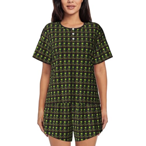 Pijama de alienígenas con estampado verde conjunto ligero de dos piezas para mujer