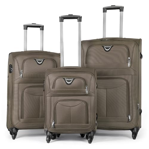 MERCURY TEXTIL   Juego de Maletas 3pcs de Tela con 4 Ruedas Giratorias 360°, Expandible (Cabina, Mediana y Grande), con Cierre de Seguridad   Ideal para Viajes y Vacaciones (Marrón)