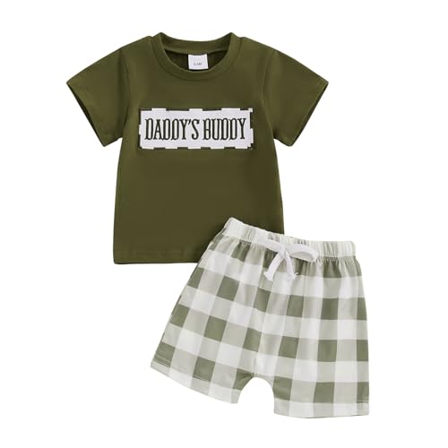 MAHUAOYIXI Toddler Infant Baby Boy Spring Summer Outfit Short Sleeve Letters Embroidery T shirt Top and Elastic Waist Plaid Shorts 2 Piece Tracksuit Set Clothes for Newborn Boys (Green, 12-18 Months)