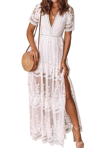 LRISES Womens V Neck Floral Embroidered Lace Wedding Maxi Dress Boho Short Sleeve Slit Bridesmaid Evening Party Dresses