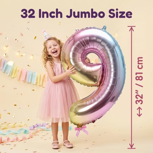 Image of YPSelected 32 Inch Large Foil Helium Number Balloon Birthday Wedding Party 0-9 (Rainbow, 9)
