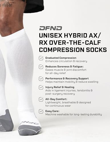 Image of DFND Unisex Hybrid Ax /Rx Over the Calf Compression Socks (1 Pair) - Injury Relief, Recovery - Made in USA