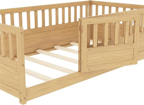 Image of Bellemave Twin Size Kids Montessori Floor Bed with Slats,Solid Wood Floor Bed Frame with High Fence and Door for Kids,Girls,Boys,Twin,Natural