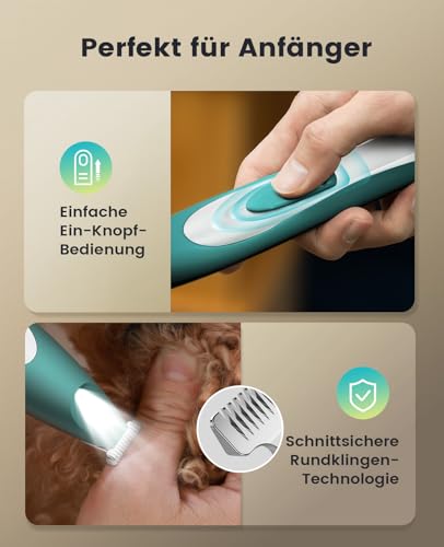 oneisall Pfotentrimmer für Hunde extra leise, Kabeloser Hundepfoten Trimmer mit LED-Licht, Wiederaufladbar Schermaschine Hund Hundeschermaschine für Pfoten, Augen, Ohren, Gesicht (Grün)