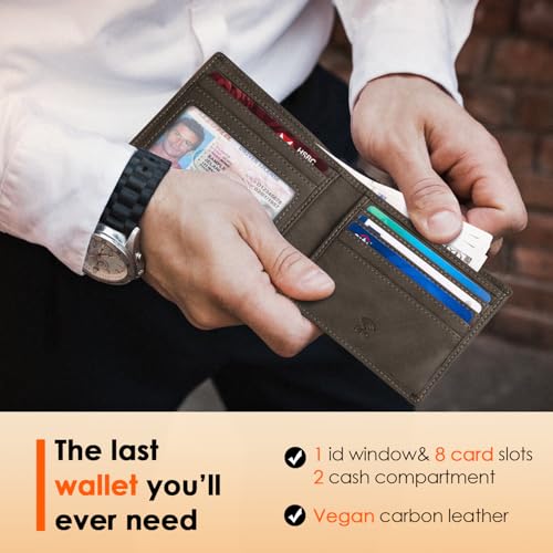 Image of RUNBOX Wallet for Men Slim Leather Bifold RFID Blocking Minimalist Front Pocket Design with Gift Box | Minimalist Front Pocket Design, Holds 8 Cards, RFID Protection, Gifts for Men on Birthdays, Father's Day, and Christmas