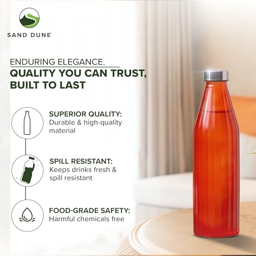 Image of SAND DUNE OrangeColour Glass water bottle, 800 ml Each, Set of 2, with Leak-Proof Airtight Stainless-Steel Lid for Water, Smoothie, Juices - Reusable Travel Glass Drinking Fridge Bottles