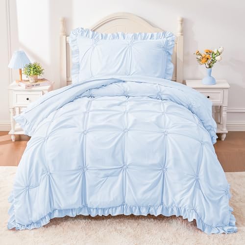 Image of Twin Comforter Set for Girls, Boho Pintuck Bedding Comforter Sets, 4 Pieces Ruffles Jacquard Embroidery Twin Bedding Sets with Comforter, Fitted Sheet, Flat Sheet and Pillowcase, Blue
