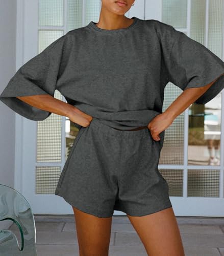 Image of Tankaneo Womens Pajama Sets 3 /4 Sleeve Oversized Tops & Loose Fit Shorts Lounge Set with Pockets Loungewear