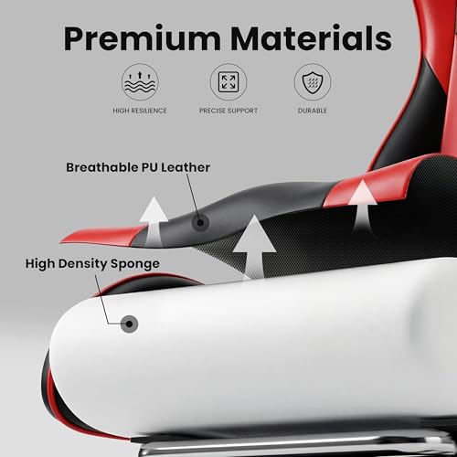 Image of Gaming Chair, Ergonomic Computer Chair with Footrest and Lumbar Support, Height Adjustable Office Chair with 360 Swivel Seat and Headrest (Red & Black)