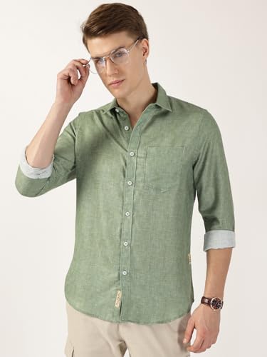 Image of Thomas Scott Men's | Printed | Textured Fabric | Full Sleeve | Regular Fit | Linen Blend | Single Pocket | Spread Collar | Casual Shirt
