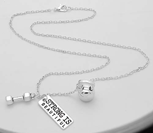 Art Attack Strong Is Beautiful Workout Gym Chain Necklace, Barbell Dumbbell Weight Exercise Victorious Brave Smart Wonderful Pendant Charm (Silver)4