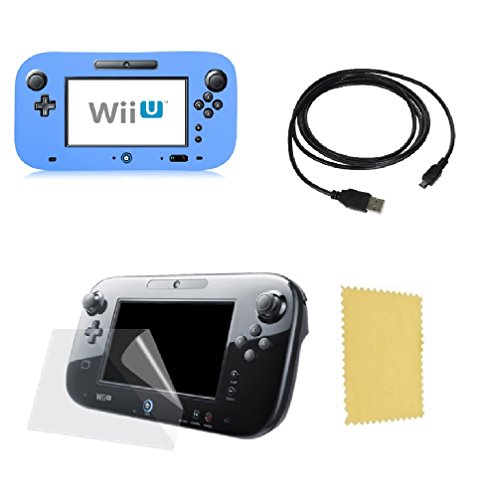 Pack 3 en 1 pour Nintendo Wii U Gamepad : Housse silicone Bleu - Chargeur USB 3.0 - Protection écran