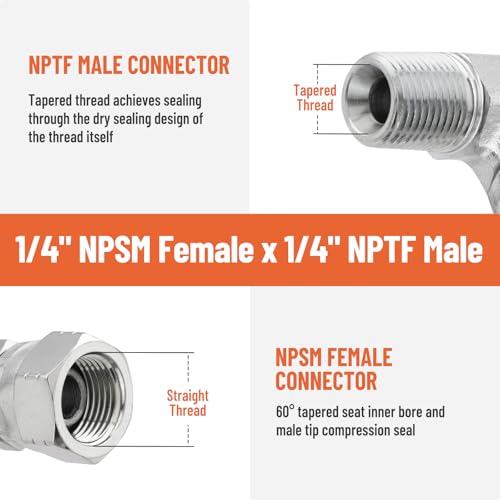 Image of 90 Elbow Hydraulic Fitting: 1 /4 inch NPTF Male x 1 /4 inch NPSM Female | 5 Pack Carbon Steel Hydraulic Hose Swivel Crimp Adapters with Protective Cover for Hydraulic Assembly System - 1501-04-04