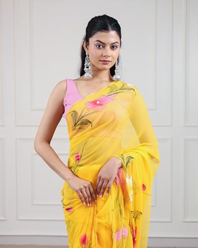 Image of Arkia Women's Yellow Hand Painted With Hand Work Embroidered Saree with Pink Accents Cut dana