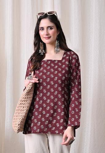 Image of MEERA FAB Women's Floral Printed Cotton Short Kurta Square Neck | Floral Printed Kurta with Full Sleeves | Short Kurti for Women