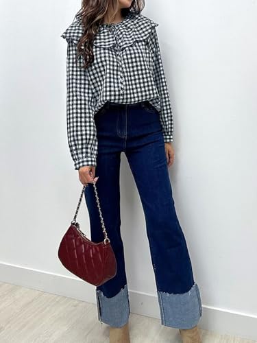 Tankaneo Womens Peter Pan Collar Shirts Gingham Puff Long Sleeve Blouses Ruffle Loose Fit Fall Casual Tops4