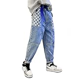 Rolanko Big Little Boys Jeans Checker Print Straight Leg Kids Denim Pants Pull On Boys Clothes (Blue Plaid, 14-16)