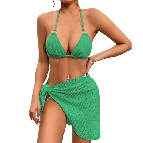 Generico Bikini mujer brasileña Hot Bikini Push Up Estampado Floral Triángulo y String Mujer Dos Piezas Bikini Conjunto Acolchado Talla Fuerte Vestido de Cintura Baja, Verde, L