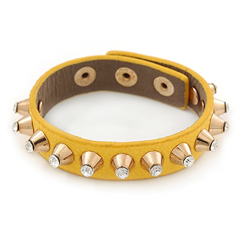 Bracelet simili cuir jaune doré avec cristaux cloués réglable 20cm
