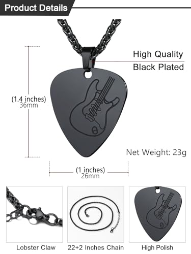 U7 Guitar Pick Necklace with Adjustable Rope Chain Black Plated Stainless Steel Music Tool Plate Jewelry Men Women Pendant4