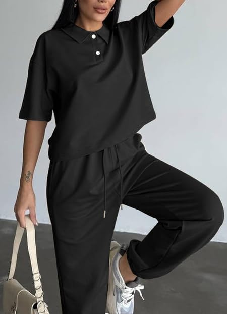 HipGlamp Women's Casual 2 Piece Athleisure Set Short Sleeve Polo Top Jogger Pants Loose Fit for Lounge Travel - Image 2