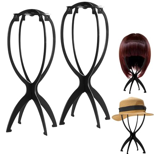 Woojfcang 2 Pcs Wig Stands Holder, Folding Head Stand for Multiple Wigs and Hats, Portable Dryer Travel Medium Short Hair Extensions Stands, Plastic Display Stand (Black, 14 Inch)