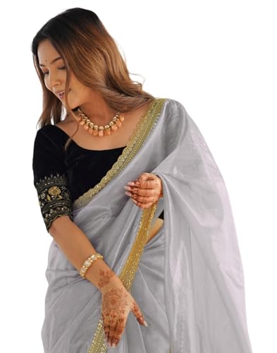 Image of SIRIL Women's Shimmer Net Sequence Embroidery Lace Saree for With Unstitched Blouse Piece