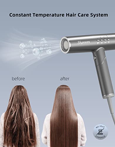 Skanwen Hair Dryer, Professional Negative Ionic Blow Dryer With 110,000 Rpm Brushless Motor For Fast Drying, Foldable Body Design,4 Temps & 3 Speeds, No Heat Damage Quiet For Home Travel(Gray) #TOP3