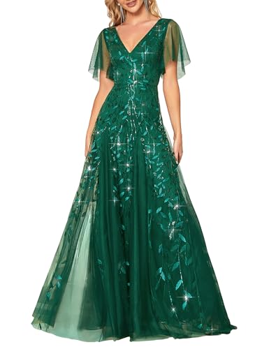 Image of Ever-Pretty Women's Sequin Formal Dresses Evening Gown Sparkly V-Neck Short Sleeve Floor Length Mother of The Bride Dress 736