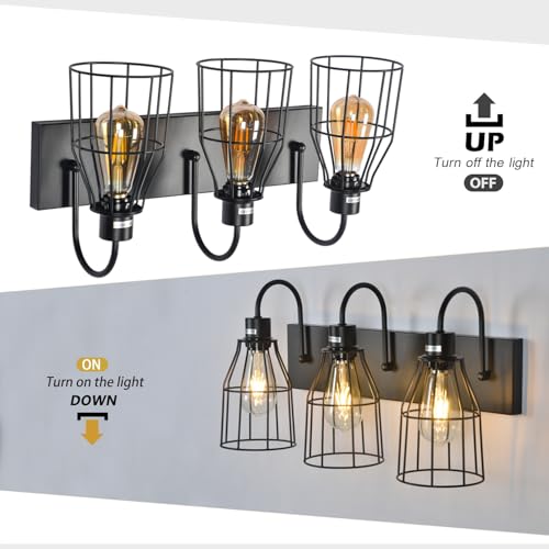 Image of Bathroom Light Fixtures, 3-Light Wall Sconce with Metal Cage, Farmhouse Vanity Light, Black Anti-Rust Wall Lamp for Mirror, Cabinets, Kitchen, Living Room, Workshop, Bedroom