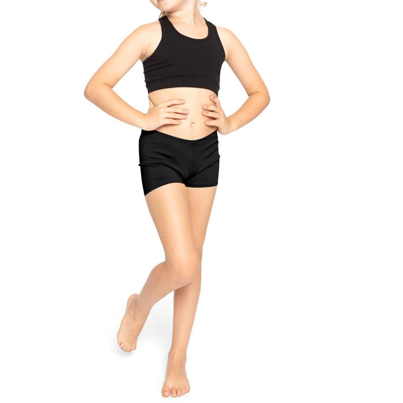 Short en nylon brillant pour fille - Taille haute - Uni - Extensible - Coupe confortable - Parfait pour le yoga, le ballet, la gymnastique, l'école, les vêtements de sport