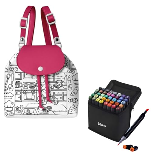 Kit Mochila Infantil para Colorir Sua Própria Bolsa, com 36 Caneta Marcador para Colorir Ponta Dupla