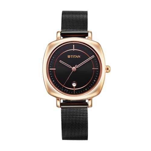Image of Titan Work Wear 3 Hnads +Date Brown Square Dial Black Plating A1Stainless Steel Strap Women's Watch - 2730KM02