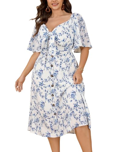 Image of SCOMCHIC Plus Size Summer Dress Casual Short Sleeve Bow Tie Deep V Neck Smocked Button Down Midi Flowy A-line Boho Dresses