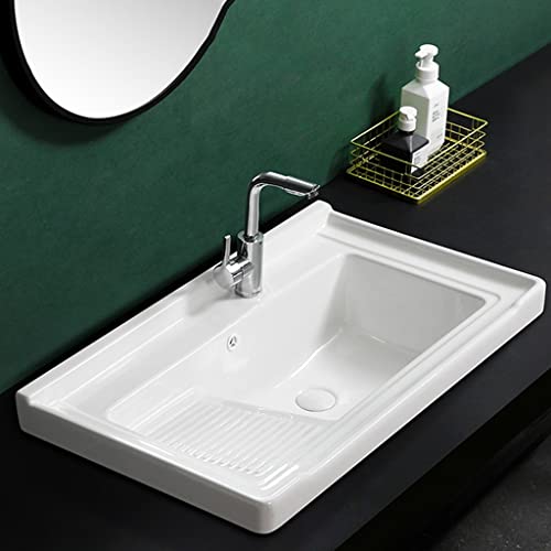 Fregadero grande rectangular de cerámica para balcón, lavabo semiempotrado con lavadero y grifo
