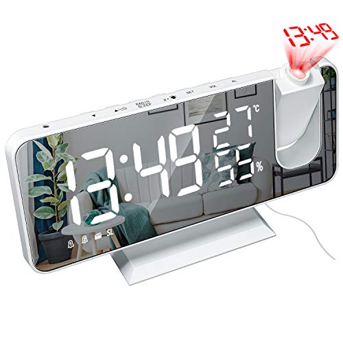 ThreeH Budzik projekcyjny z ładowarką USB, obracany o 180°, budzik z radiem FM, wyświetlacz lustrzany, 2 dźwięki, 4 ściemniacz, biały