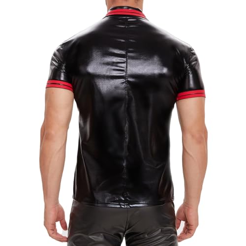 Camisa polo masculina de couro envernizado brilhante, manga curta, casual de couro macio masculino,