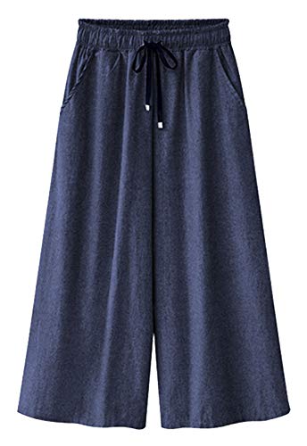 Flygo Womens Casual Loose Wide Leg Capri Jean (Large, Dark Blue)