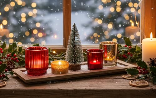 KAMACA Teelichthalter Set 36x14 cm Deko-Set mit 4 Glas-Teelichthaltern...