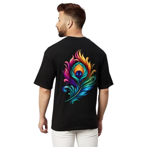 Image of prabhu bhakti Men's Oversized Peacock Feather Printed Black Cotton T-Shirts | Collection | Round Neck Drop Shoulder Half Sleeve Black Casual T-Shirt for Men