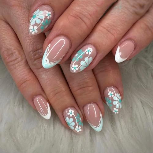 Spring Press On Nails Short Almond Fake Nails French Tip False Na...