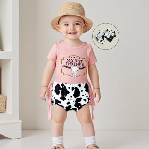 Western Baby Girl Clothes Cowgirl My 1st Rodeo Ruffle Romper Shirt Cow Print Bloomer Shorts 3Pcs Coming Home Outfit4