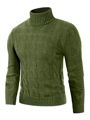 Men's Cable Knit Turtleneck Sweater, 100% Acrylic Winter Warm Slim Fit Pullover Jumper with Stretch