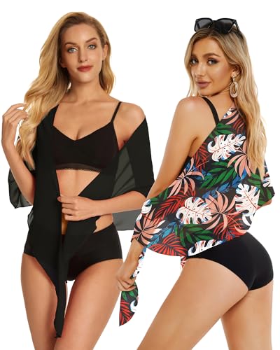 2 Pieces Sarong Cover Ups for Women Beach Bathing Suit Wrap Sheer Short Skirt Bikini Chiffon Scarf for Swimwear (Black, Orange White Leaves) — view 5