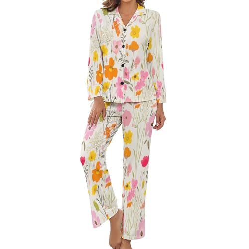 HZCRAES Women Pajamas Set Summer Pajamas For Women Thin Lovely Nordic-Style Garden Printed Pajama Womens Long Sleeve Shirt Pants Set Cute Sleepwear Casual Loungewear With Pockets Beige