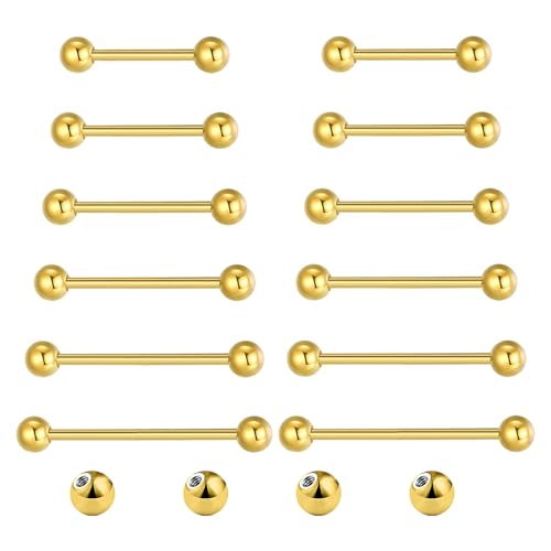 Gojewen 12er Zungenpiercing Gold Brustwarzenpiercing Chirurgenstahl Piercing Zunge Brustwarze 10/12/14/16/18/20mm