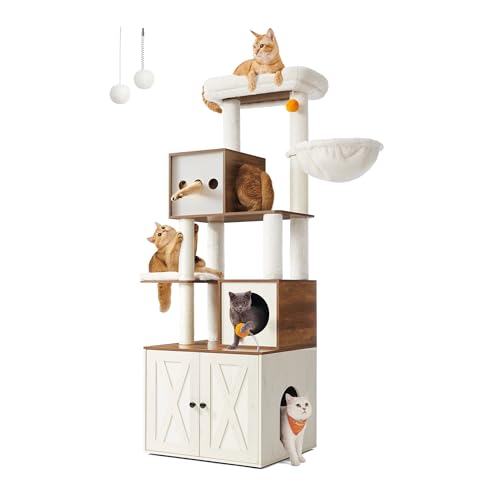 Feandrea Kratzbaum, Katzenbaum mit Katzenklo-Schrank, 180 cm hoch, Katzenkratzbaum, Kratzsäule, Plattform, waschbares Kissen, honigbraun-vintageweiß PCT116K03